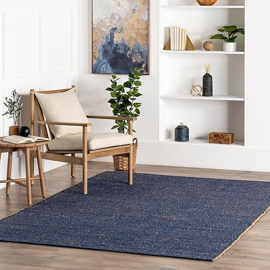 nuLOOM 5x8 Elfriede Jute & Cotton Hand Woven Area Rug, Blue, Solid Rustic Farmhouse Style, Weaved Design, Natural Fiber, For Bedroom, Living Room, Dining Room, Hallway, Office, Entryway