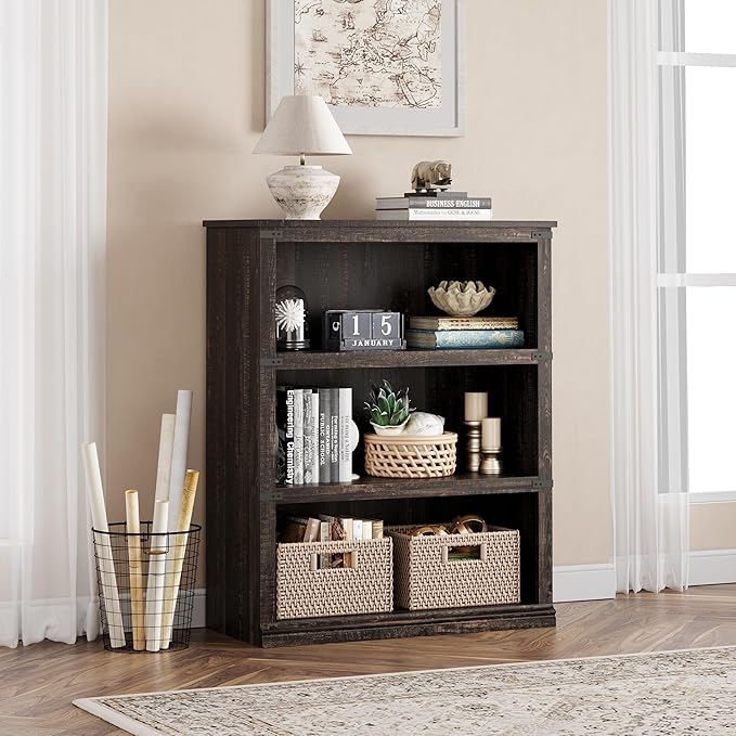 IDEALHOUSE 3 Tier Bookcase, Farmhouse Book Shelf with Storage, Low Book Case Wooden 3 Shelf Bookcase for Home Office, Living Room, Bed Room (Oak, 40.0" H x 31.5" W x 12.2" D)
