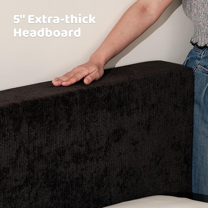 RECCI Cloud Upholstered Queen Bed Frame with Headboard, 5 Inch Foam Padded Platform, No Box Spring, Easy Assembly (Onyx)