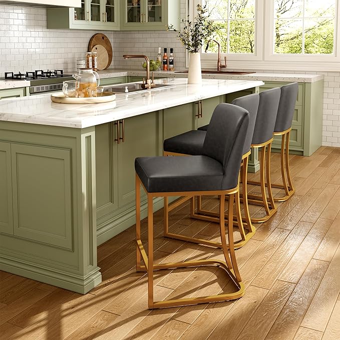 MAISON ARTS Counter Height Bar Stools with Back for Kitchen Counter, 24 Inch Modern Upholstered Faux Leather Barstools Farmhouse Bar Chairs Luxury Island Stools Support 330LBS, Grey & Gold