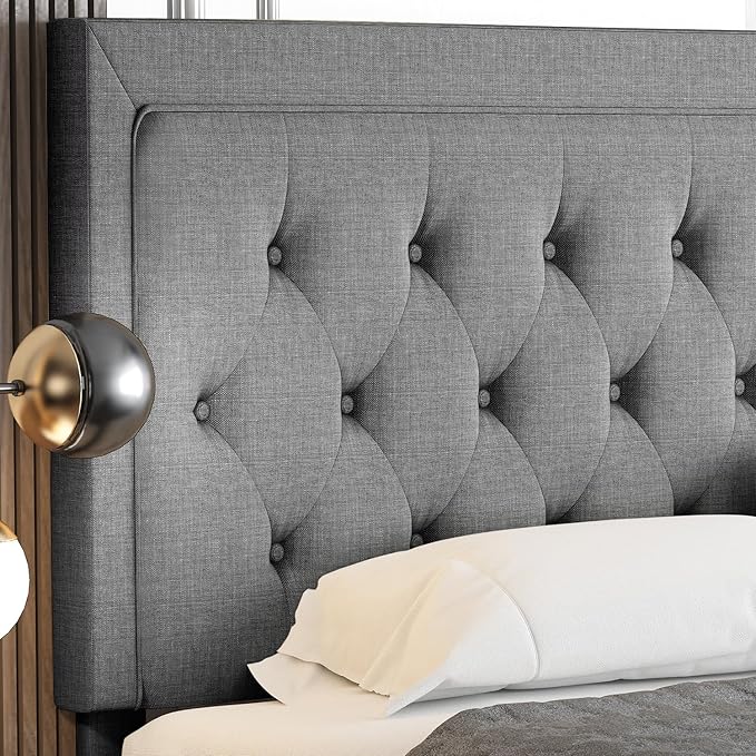 Allewie Full Size Upholstered Platform Bed Frame with Adjustable Headboard, Button Tufted, Wood Slat Support, Easy Assembly, Light Grey