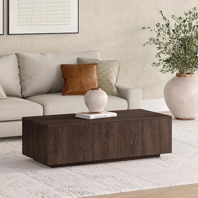 Henn&Hart 48" Rectangular Low-Profile Wood Coffee Table for Living Room, Family Room, or Office, Alder Brown
