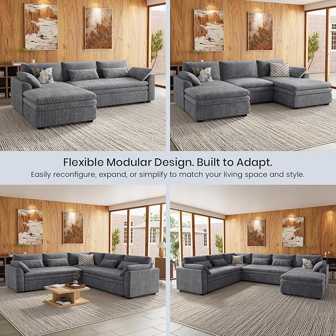 Belffin Large Modular Sectional Sofa with Double Deep Chaise, 135" Corduroy U Shaped Sectional Couch with 9" Soft Dual-Layer 6 Seats U Shaped Couch for Living Room, Apartment, Light Grey