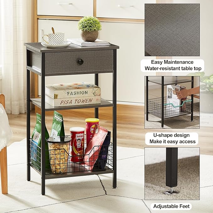 VECELO Tall Side End Table,Nightstands Shelf Storage Organizer with U-Shape Shlef Basket and Drawer for Telephone Entryway/Living Room/Bedroom/Kitchen,Small Spaces,Hemp Gray,27.5" H,1 Set