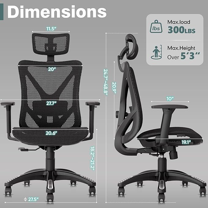 ELABEST T23 Ergonomic Office Chair with 2D Lumbar Support & 3D Headrest, High Back Mesh Swivel Chair with Adjustable 3D Armrests, Breathable Computer Desk Chair for Long Hour Sitting (Graphite Black)