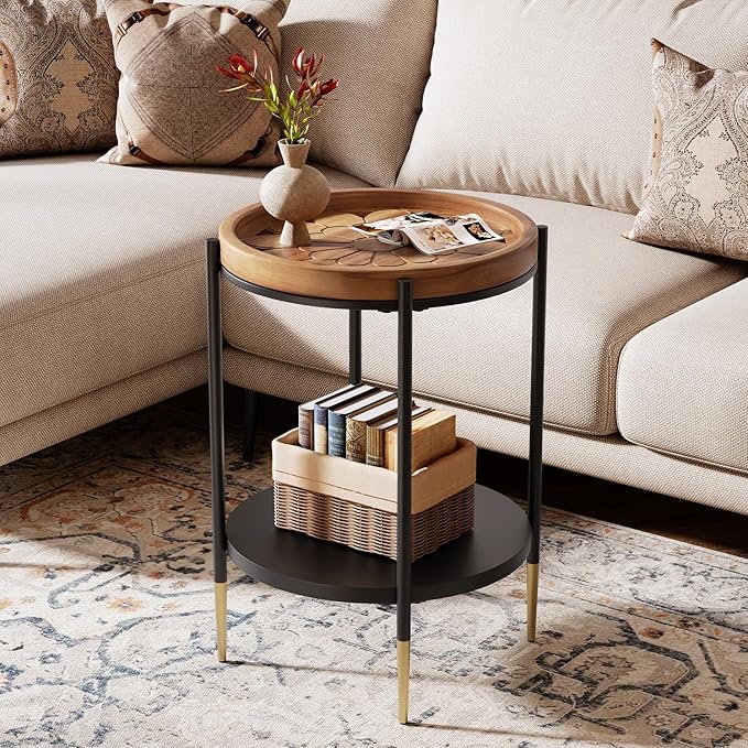 Tribesigns Round Side Table Set of 2, 2-Tier End Table with Solid Wood and Metal, Industrial Nightstand for Small Spaces, Living Room, Bedroom, Study Room (Rustic Brown)