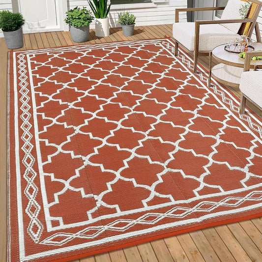 GAOMON Outdoor Plastic Straw Rug, 10'x14' Reversible Sage Green Patio Mat, Flower Modern Design for RV, Backyard, Deck, Camping, Picnic, Orange/White(Geometric)