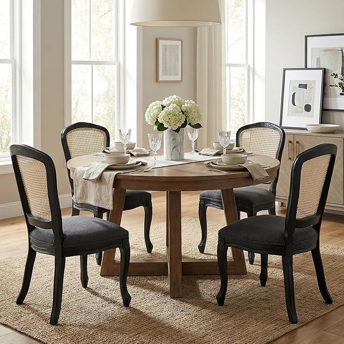 Wicker Dining Chairs Set of 6, Upholstered Linen Fabric Dining Room Chairs with Square High Rattan Back Farmhouse French Kitchen Chairs for Dining Table/Living Room/Restaurant, Black