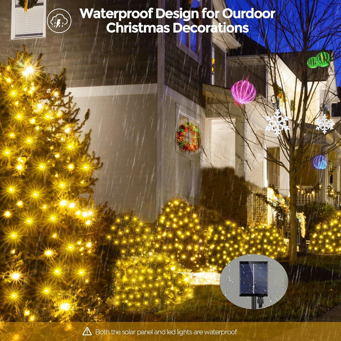 WBao Solar Christmas Net Lights 200LED F8 Big Bulbs, 8.4ft x 5.2ft Christmas Bushes Lights with Remote Control, 8 Modes, Timer, Waterproof for Lawn, Bushes, Outdoor Christmas Decorations, Warm White