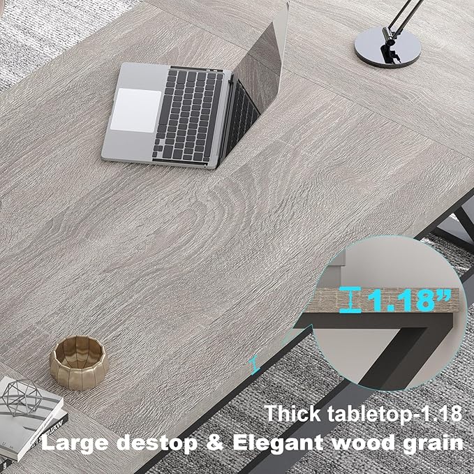 LVB Modern Long Office Desk, Large Wood Metal Computer Desk, Industrial Double Workstation Desk for Two People, Rustic PC Executive Work Study Writing Computer Table for Home, Light Grey Oak, 78.7 in