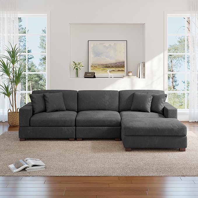 Modular Sectional Couches for Living Room, 118" Modern Upholstered Sofa Couche with Ottoman for Living Room Bedroom, Grey