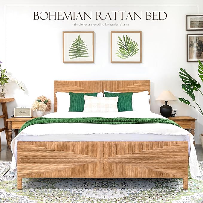 Yechen Queen Rattan Style Boho Bed Frame with Headboard and Footboard, Mid Century Modern Hand-Woven Wicker Bedframe with Vintage Pattern, Bamboo Bed with Metal Slats, No Box Spring Needed, 1000lbs