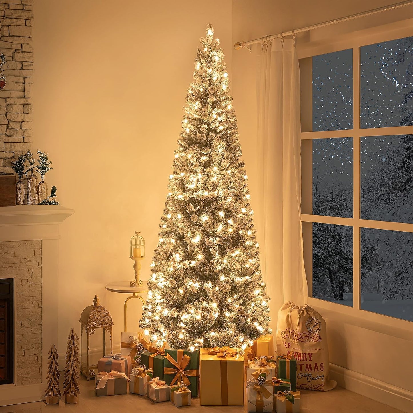 Naomi Home Salzburg 7.5ft Frosted Prelit Slim Artificial Christmas Tree with 1102 Branch Tips, 350 Warm Lights and Metal Stand, 34" Wide Realistic Snow Flocked Skinny Pencil Christmas Tree