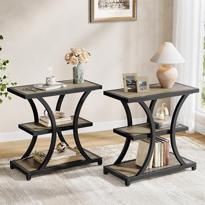 Tribesigns End Table with Storage, 3-Tier Side Table with Geometric Metal Design, Industrial Nightstand for Small Spaces, Living Room, Bedroom, Study Room (1, Grey)