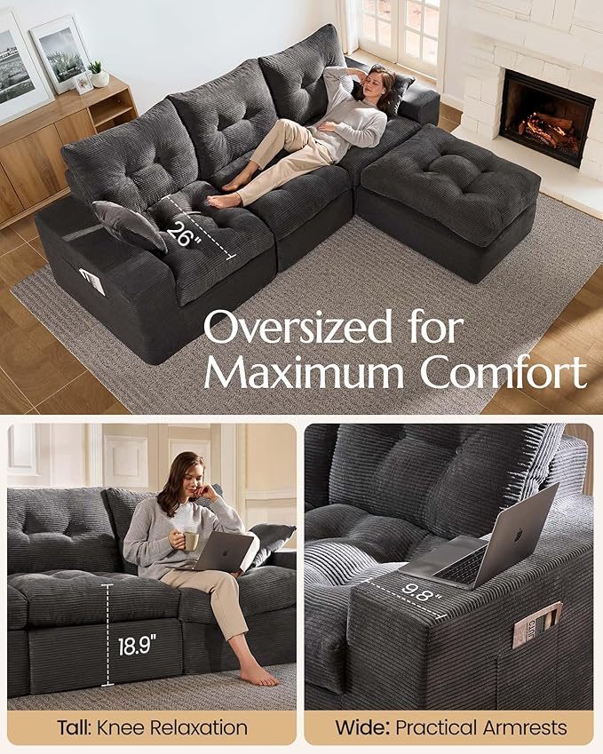 High Back Boneless Couch, Oversized U Shaped Cloud Couch with Versatile 2-Pack Pillow Blankets, Corduroy Modular Sectional Sofa with Ottoman, No Assemble Sectional Couches for Living Room