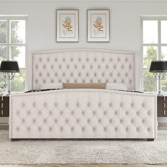 AMERLIFE California King Size Platform Bed Frame, Velvet Upholstered Bed with Deep Button Tufted & Nailhead Trim Wingback Headboard/No Box Spring Needed, Cream