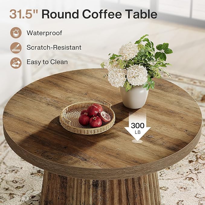 Tribesigns Coffee Table, 31.5" Small Farmhouse Round Coffee Tables with Fluted Drum Base, Mid Century Modern Boho Accent Center Table for Living Room, Apartment, Small Space, Brown