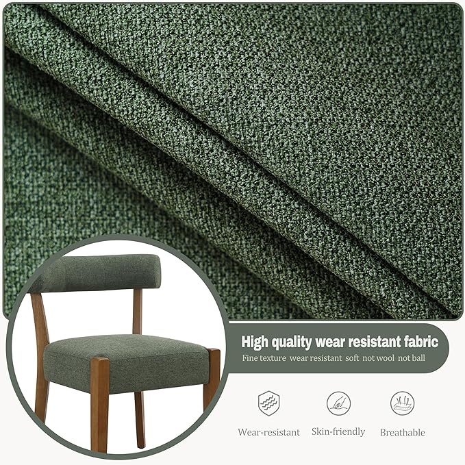 Modern Green Dining Chairs Set of 8, Walnut Upholstered Kitchen & Dining Room Chairs, Mid Century Modern Wooden Dining Chairs Oversized Sturdy Fabric Rounded Chairs Curved Back