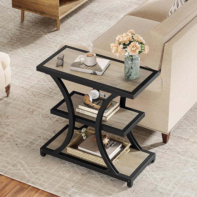 Tribesigns End Table with Storage, 3-Tier Side Table with Geometric Metal Design, Industrial Nightstand for Small Spaces, Living Room, Bedroom, Study Room (2, Grey)