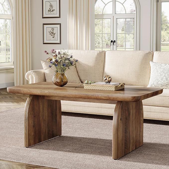 Tribesigns Rectangle Coffee Table, 47-Inch Wood Rectangular Living Room Table, Farmhouse Accent Center Low Cocktail Tea Table with Sturdy Base & Rounded Corners, Easy Assembly (Rustic Brown)