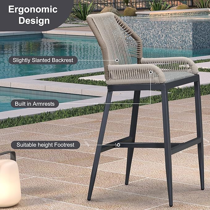 PURPLE LEAF 2 Pieces Bar Stools Patio Modern Rattan Barstools Aluminum Woven Tall Bar Chairs with Cushions for Outdoor Kitchen Island Garden