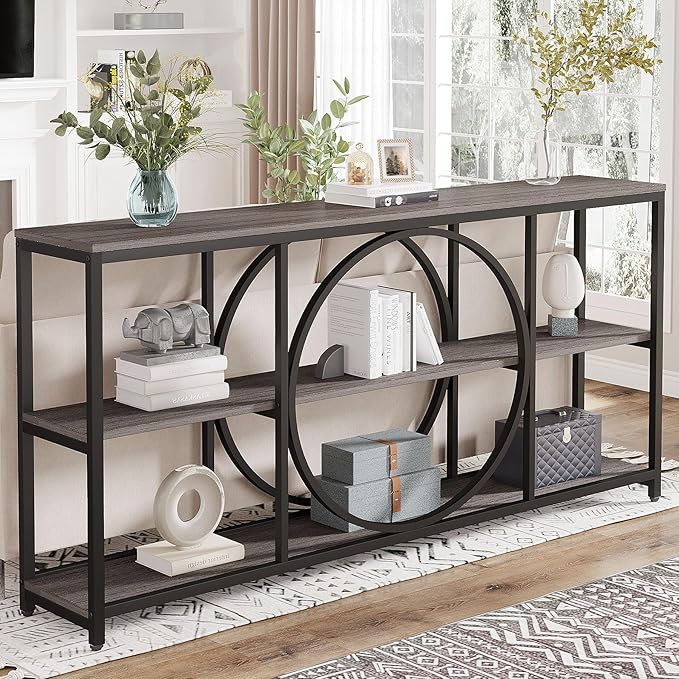 Tribesigns 70.9 inch Sofa Console Table, Extra Long Narrow Entryway Tables with 3 Tier Wood Storage Shelves Metal Frame for Foyer Hallway Living Room Behind Couch, Black Rustic Gray