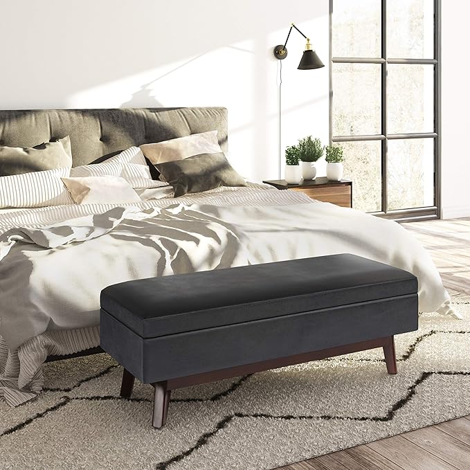 SIMPLIHOME Owen 48 inch Wide Mid Century Modern Rectangle Rectangular Storage Ottoman in Distressed Black Vegan Faux Leather, Assembled, for the Living Room, Entryway and Family Room