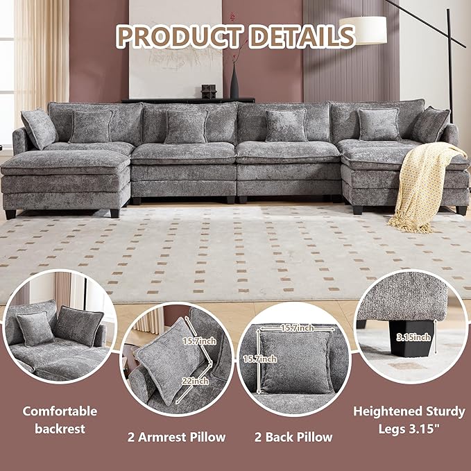 Plush Modular Cloud Sofa Set with Ottoman | L/U-Shaped Deep Seating Chenille Sectional for Family Living Room