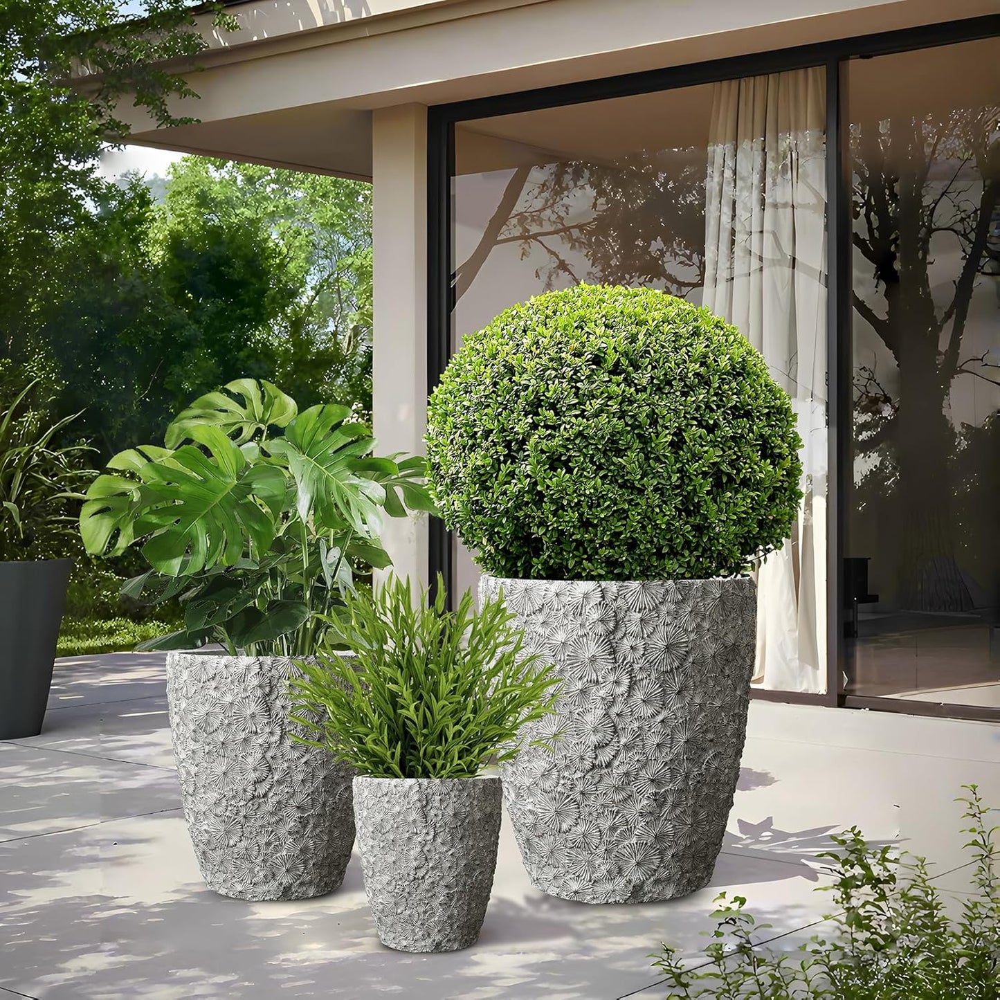 Craft flowerpots 16"+12"+10" Dia Round Concrete Planter Set of 3 Large Outdoor/Indoor Planter Pots Containers with Drainage Holes and Rubber Plug for Home Garden (Grey, Large)