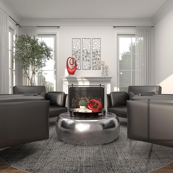 Deco 79 Aluminum Metal Living Room Coffee Table Drum Shaped Table with Hammered Design, Center Table 42" x 42" x 14", Silver