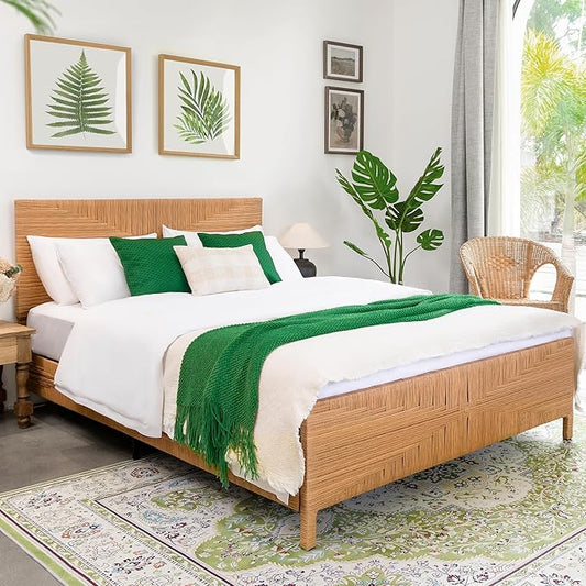 Yechen Queen Rattan Style Boho Bed Frame with Headboard and Footboard, Mid Century Modern Hand-Woven Wicker Bedframe with Vintage Pattern, Bamboo Bed with Metal Slats, No Box Spring Needed, 1000lbs