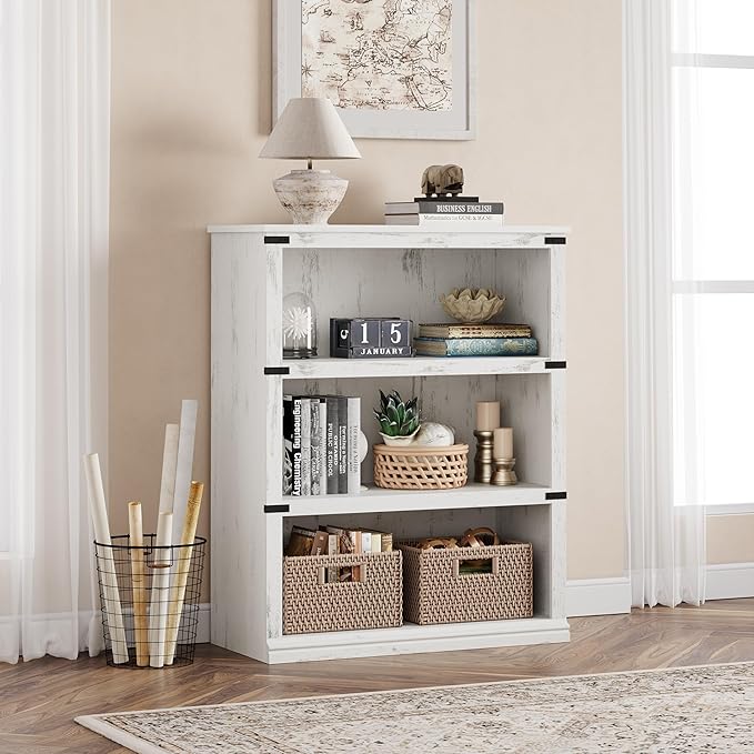 IDEALHOUSE 3 Tier Bookcase, Farmhouse Book Shelf with Storage, Low Book Case Wooden 3 Shelf Bookcase for Home Office, Living Room, Bed Room (White, 40.0" H x 31.5" W x 12.2" D)