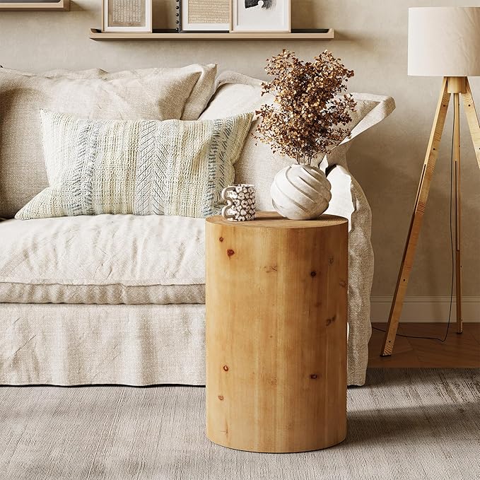 LITTLE TREE Small End Table, Wood Round Drink Table, Farmhouse Side Table for Small Spaces, Modern Plant Stand, Accent Cocktail Table for Living Room, Bedroom Nightstand, Wooden Pedestal Natural