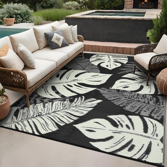 GAOMON Waterproof Plastic Straw Rug 9x12 Outdoor Rug for Patio, Reversible Modern Camping Mat with Bag & Stakes, UV Resistant & Easy to Clean Outdoor Carpet for RV, Deck, Balcony, Beige