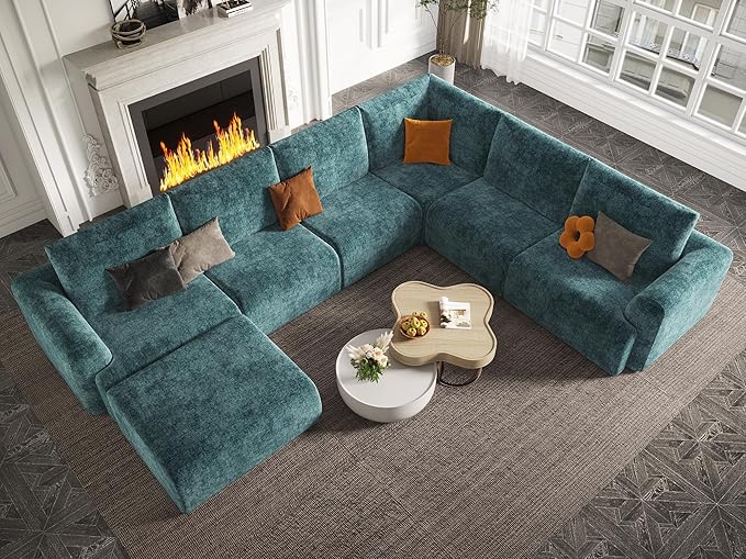 EASE MOOSE Sectional Cloud Couch Oversized for Living Room,7-Seat Modular Boneless Sofa U-Shaped Sofa with Ottoman, No-Assembly Chenille Couch, Blue