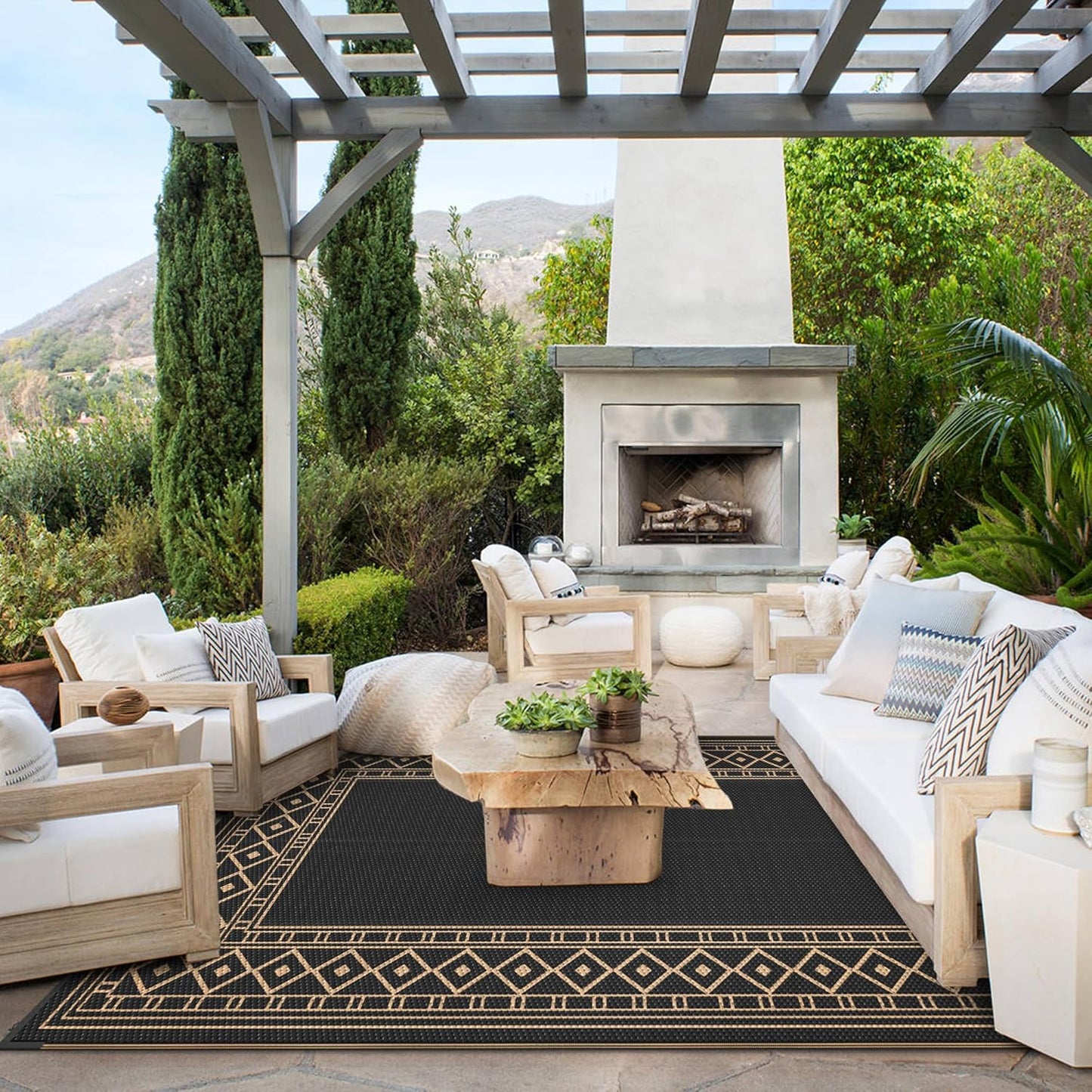 GENIMO Outdoor Rug Waterproof 6'x9' for Patio, Foldable Reversible Plastic Straw Carpet for Travel Trailers, Outside Area Mat for Rv, Deck, Picnic, Porch, Camper, Balcony, Beach, Black & Brown