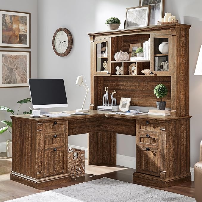 OKD Farmhouse Hutch for 60" Executive Desk, Office Desk Storage Cabinet with Glass Doors and Shelves, Top Hutch Organizer for Home Office - Reclaimed Barnwood