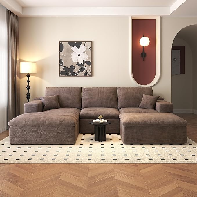 107'' U-Shaped Modern Modular Sectional Cloud Couch Whit Ottoman, 4-Seat Chenille Deep-Seat Sofa with Pillow for Living Room, Bedroom, Apartment, Camel
