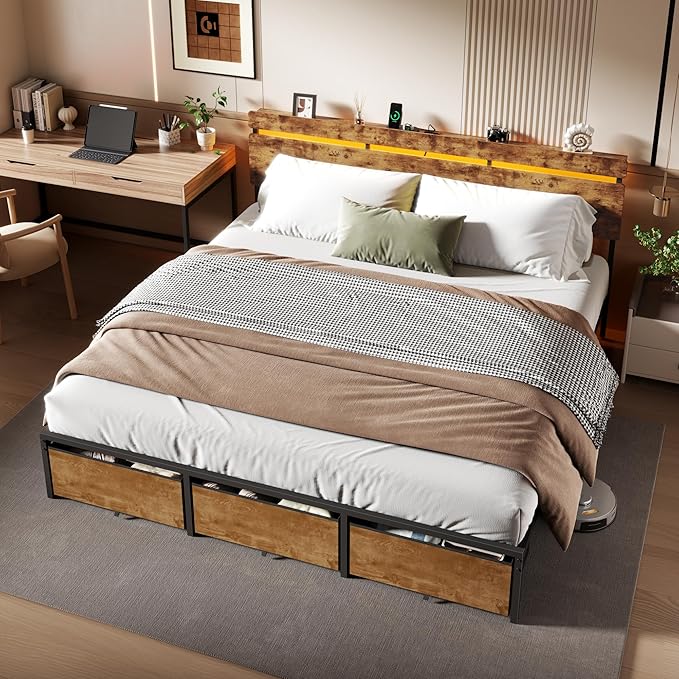 Forestell King Size Bed Frame with Wood Headboard, Metal Platform Bed with 3 Storage Drawers & Shelf, Built-in Charging Station & LED Lights, No Box Spring Needed, Vintage Brown, Camas King