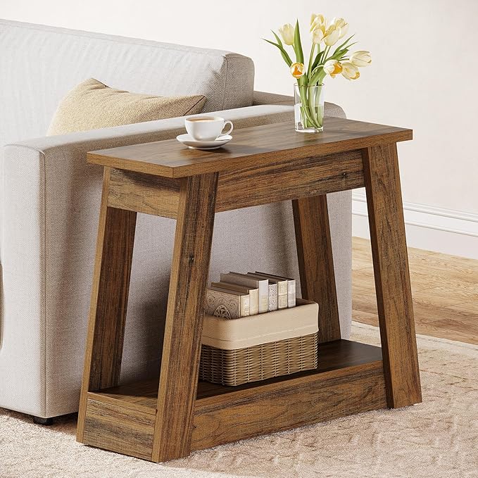 Tribesigns Wood End Table Set of 2, Small Side Table with 2 Storage Shelves, Rustic Accent Narrow Nightstand for Living Room, Bedroom (2)