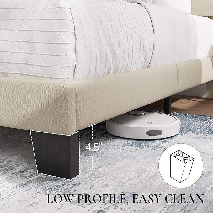 SHA CERLIN Twin Platform Bed Frame with Upholstered Fabric Headboard, Mattress Foundation with Strong Wooden Slats Support, No Box Spring Needed, Beige
