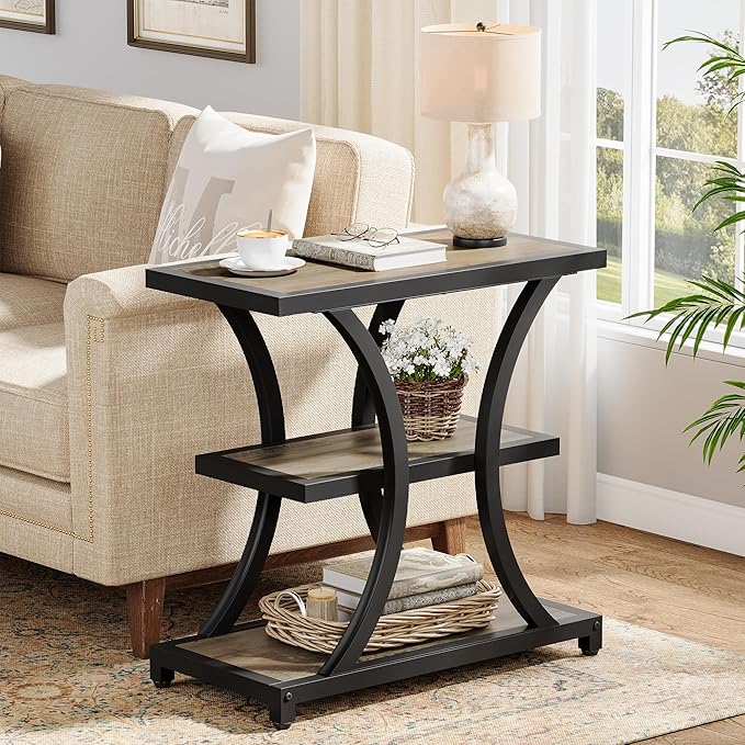 Tribesigns End Table with Storage, 3-Tier Side Table with Geometric Metal Design, Industrial Nightstand for Small Spaces, Living Room, Bedroom, Study Room (2, Grey)
