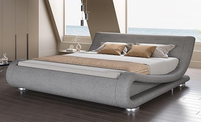 SHA CERLIN Full Size Upholstered Bed Frame, Deluxe Low Profile Sleigh Bed with Linen Ergonomics Headboard, No Box Spring Needed & Easy Assembly, Grey