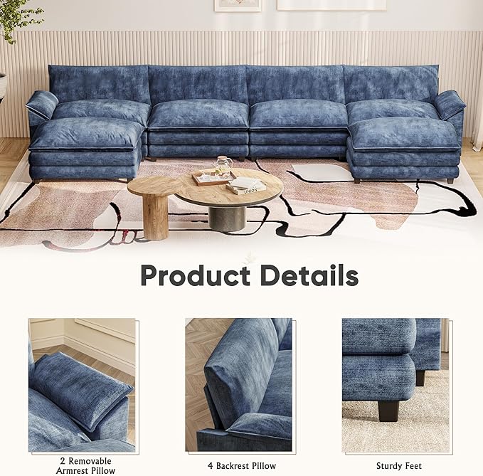 Furniwell Modular Sectional Sofa with Moveable Ottoman, Oversized 3-Seater Couch with Supportive Backrest, Chenille Convertible Sofa Couches for Living Room/Apartment (Blue, U Shaped)