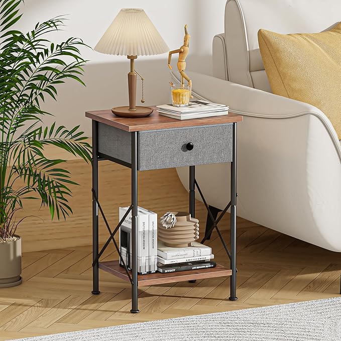 VECELO End Tables, Modern Nightstand with Fabric Drawer & Open Shelf, Night Stand for Bedroom Living Room, Industrial Metal Frame, Easy Assembly, Retro Brown,1 Pack