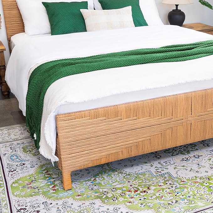 Yechen Queen Rattan Style Boho Bed Frame with Headboard and Footboard, Mid Century Modern Hand-Woven Wicker Bedframe with Vintage Pattern, Bamboo Bed with Metal Slats, No Box Spring Needed, 1000lbs