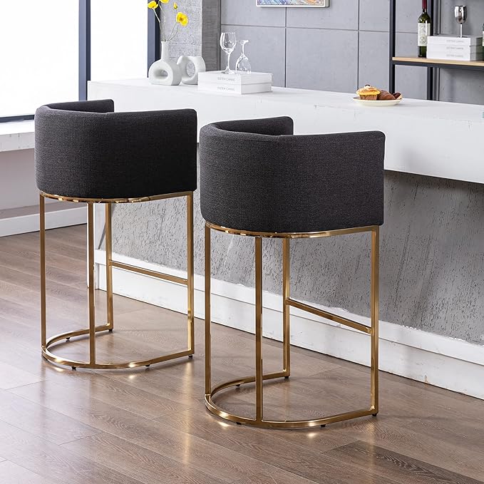 Contemporary Charcoal Linen Bar Stools Set of 3, 32" Upholstered Fabric Counter Height Barstool Kitchen Counter Island Stools with Golden Metal Base