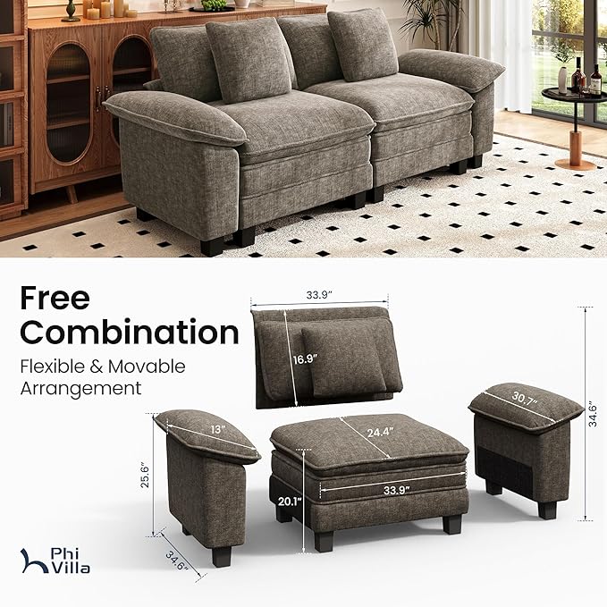 PHI VILLA Indoor Modular Couches Sets, 87.5" Sectional Loveseat Sofa with Upholstered Deep Seat, 2-Seater Comfy Couches for Living Room Bedroom, Chenille Fabric, Smoky Grey