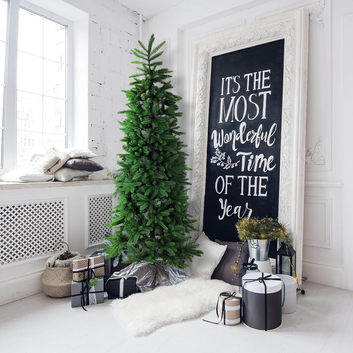 Fraser Hill Farm 6.5-Ft. Carmel Pine Slim Christmas Tree, Unlit Artificial Christmas Tree with Realistic Foliage and Stand, Foldable for Convenient Storage, Perfect for Small Spaces and Apartments