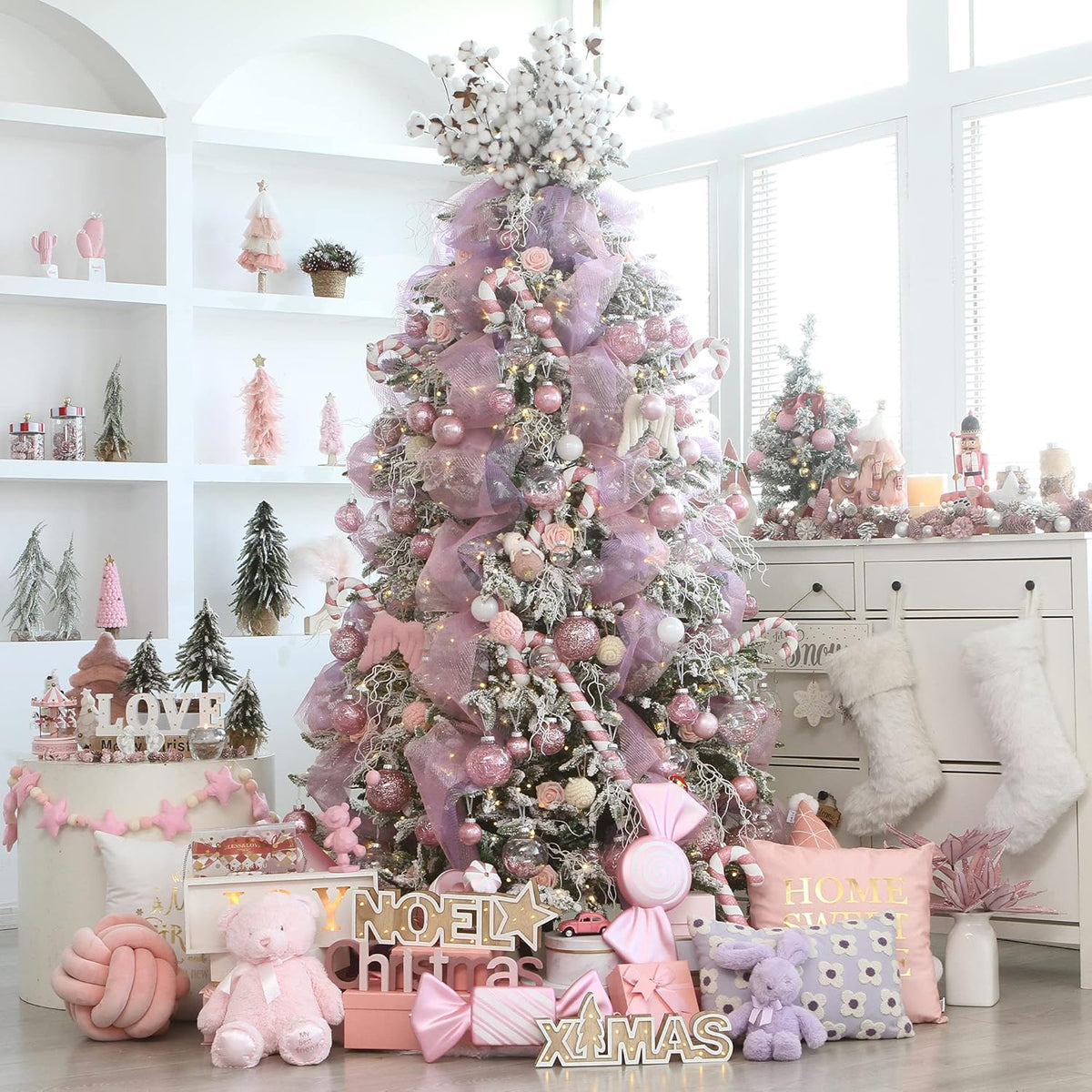 Sea Team Christmas Baubles Set of 48 Shatterproof Clear Plastic Christmas Baubles Multi-Size Decorative Baubles with Stuffed Delicate Decorations (48 Pieces, Pink)